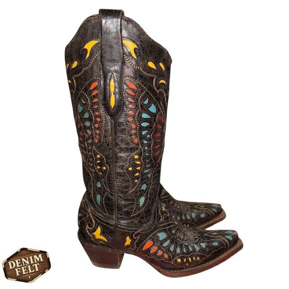 Corral Butterfly Inlay Western Boots Brown Multicolor Leather Size 6M –EXCELLENT - Picture 8 of 16